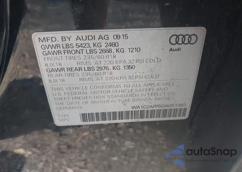 2016 Audi Q5 Premium z USA, uszkodzony, nr VIN WA1C2AFP5GA051381